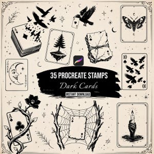 May include: A digital collection of 35 Procreate stamps titled Dark Cards, featuring black ink illustrations of playing cards, ravens, a moth, a crescent moon, a spider web, and a hand holding a candle, all set against a light beige background.