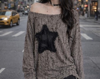 Oversized Distressed Star Sweater, Grunge Off Shoulder Pullover, Y2K Streetwear Top