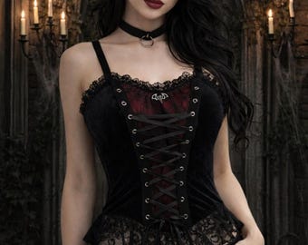 Gothic Velvet Corset Top, Black Red Lace Up Bustier, Dark Academia Camisole, Alternative Clothing
