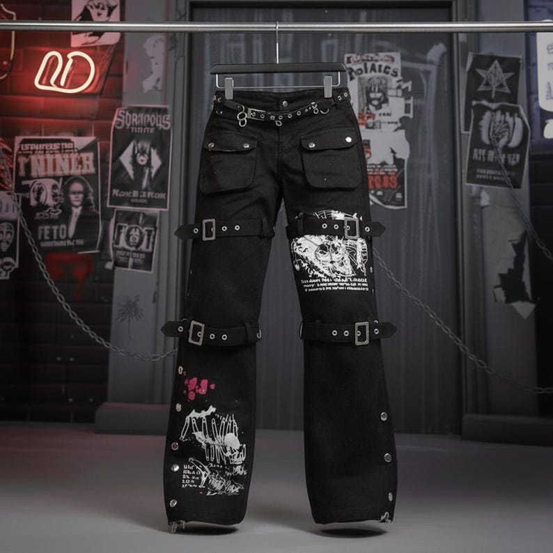 May include: Black pants with multiple pockets, straps, and buckles. The pants have a wide leg design and feature graphic prints in white and pink. A black belt with silver hardware is included.