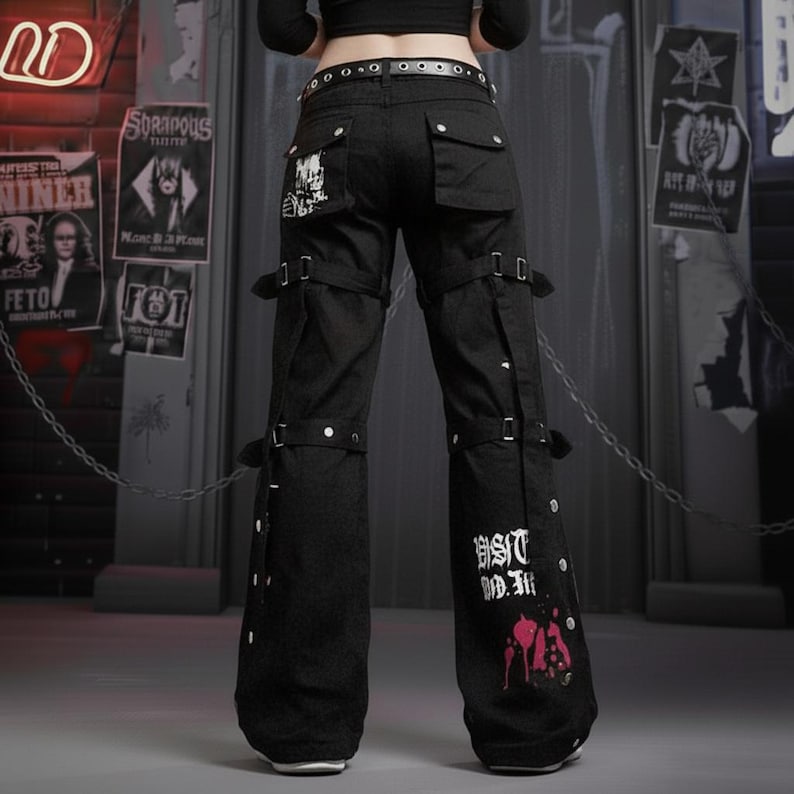 May include: Black cargo pants with multiple straps, buckles, and pockets. The pants have white text and a pink graphic on the lower leg. The pants are worn with a black belt and are part of a punk or alternative fashion style.
