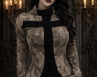 Gothic Long Sleeve Top: Distressed Ribbed Fabric, Contrast Cross Design