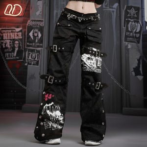 Y2K Grunge Cargobyxor Gotisk Streetwear Svarta Vida Ben Punkbyxor Harajuku Alt Mode Techwear Spänne Rembyxor