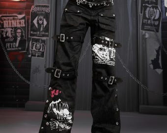 Y2K Grunge Cargo Pants Gothic Streetwear Black Wide Leg Punk Pants Harajuku Alt Fashion Techwear Buckle Strap Trousers