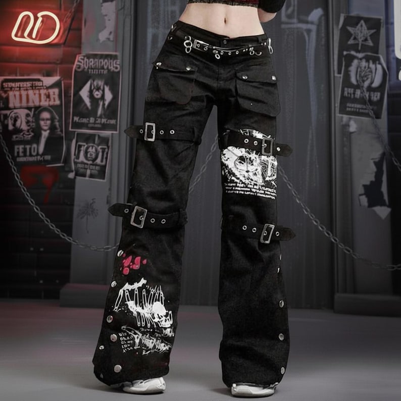 Y2K Grunge Cargo Pants Gothic Streetwear Black Wide Leg Punk Pants Harajuku Alt Fashion Techwear Buckle Strap Trousers image 1