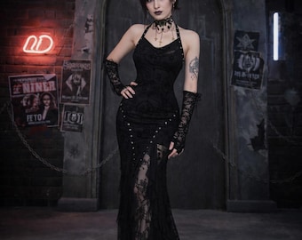 Gothic Flocked Cowl Neck Dress | Dark Spaghetti Strap Midi | Punk Velvet Slip | Alt Fashion Gown | Goth Gift for Her