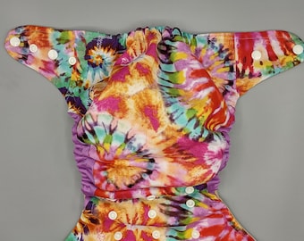 Cloth diaper SassyCloth one size pocket diaper with tie dye cotton print. Made to order.