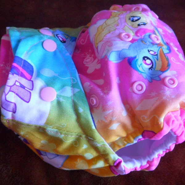 SassyCloth one size pocket diaper with My little pony on pink cotton print. Made to order.