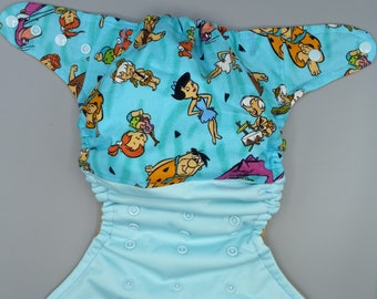 Cloth diaper SassyCloth one size pocket diaper with Flintstones cotton print(3). Made to order.