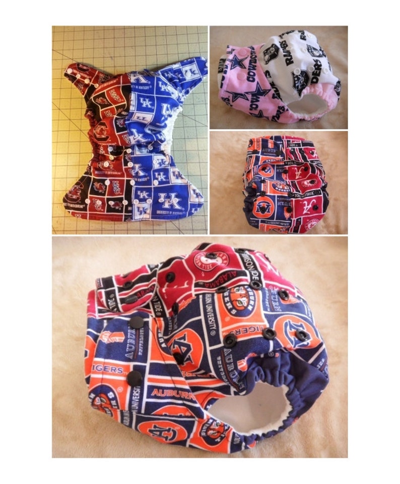 Choose your custom team and style cloth diaper.OS pocket diaper or cover with rival team inner,two teams combo or add ruffles Made to order