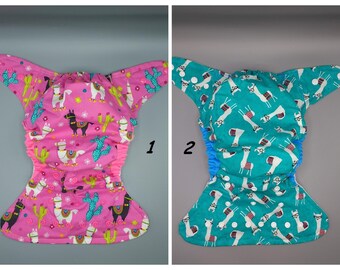 Cloth diaper SassyCloth one size pocket diaper with llamas cotton print. Made to order.