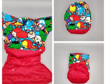 Cloth diaper SassyCloth one size pocket diaper with cawaii superheroes cotton print(1). Made to order.