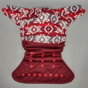 SassyCloth one size pocket cloth diaper with southwestern gray and maroon cotton print. Made to order.