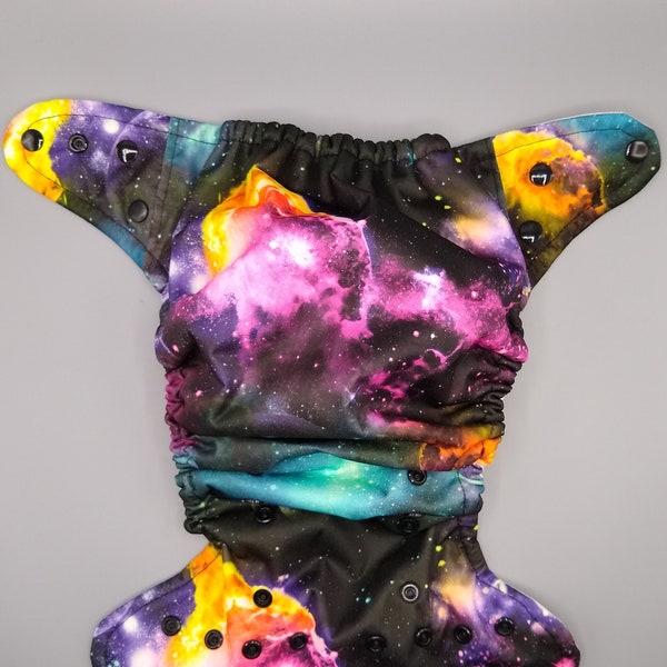 SassyCloth One Size diaper cover with galaxy PUL print and hip snaps. Ready to ship.