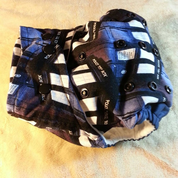 Cloth diaper SassyCloth one size pocket diaper with Dr Who Police box cotton print. Made to order.