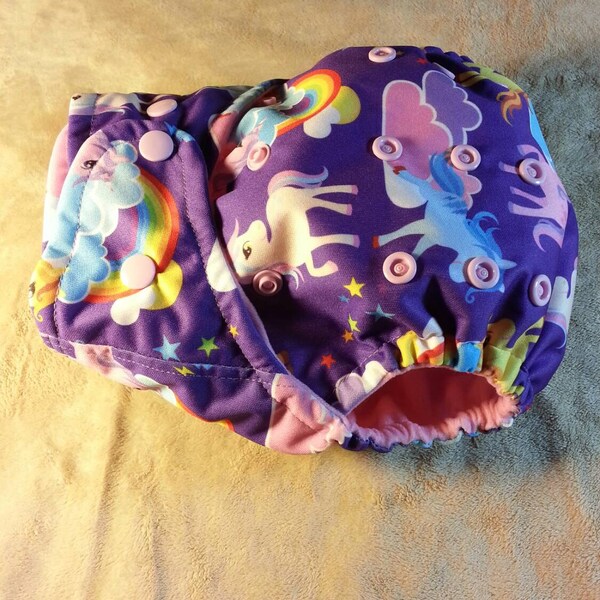Cloth diaper SassyCloth one size pocket cloth diaper with rainbow unicorns PUL print. Made to order.