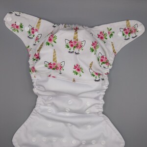 Cloth diaper SassyCloth one size pocket diaper with unicorns white cotton print. Made to order.