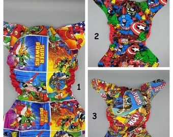 SassyCloth one size pocket cloth diaper with super heroes cotton print. Made to order.