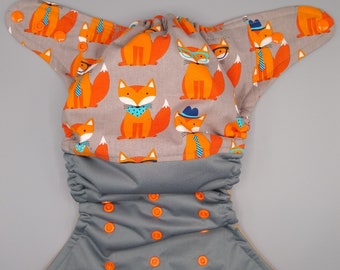 SassyCloth one size pocket diaper with fox cotton print. Made to order.