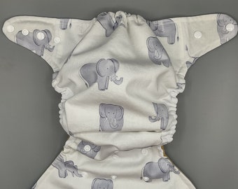 Cloth diaper SassyCloth one size pocket diaper with elephants cotton print. Made to order.