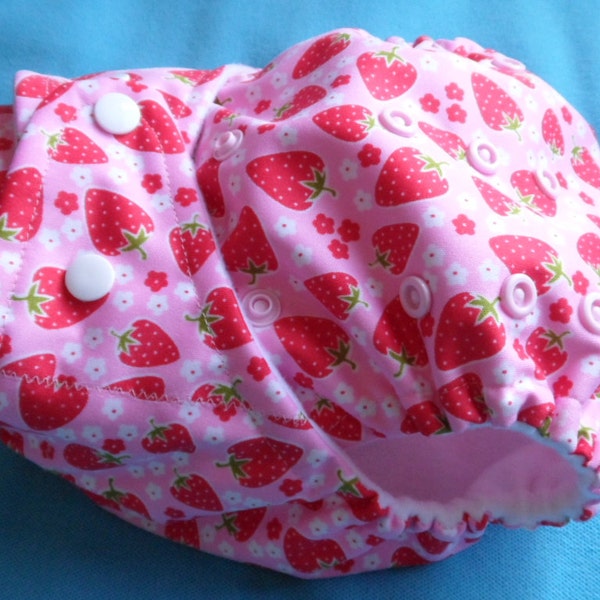 SassyCloth one size pocket cloth diaper with strawberries PUL print. Made to order.