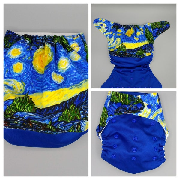 Cloth diaper SassyCloth one size pocket diaper with Starry night cotton print. Ready to ship.