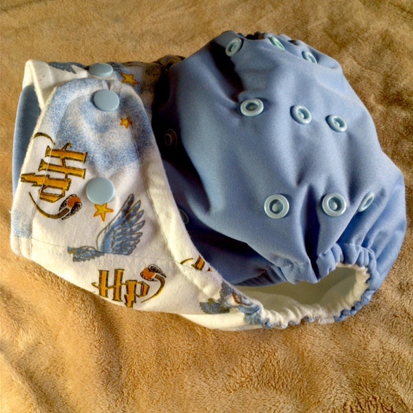 SassyCloth one size pocket diaper with Harry Potter Hedwig owl cotton print. Ready to ship.