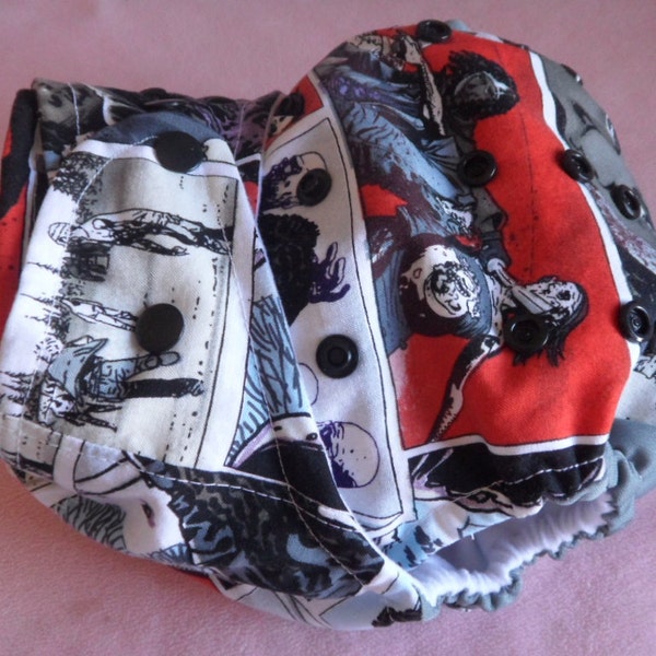 SassyCloth one size pocket diaper with "Walking dead" cotton print. Made to order.