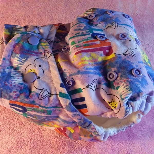 SassyCloth one size pocket diaper with adventure time "what a lump" cotton print. Ready to ship.