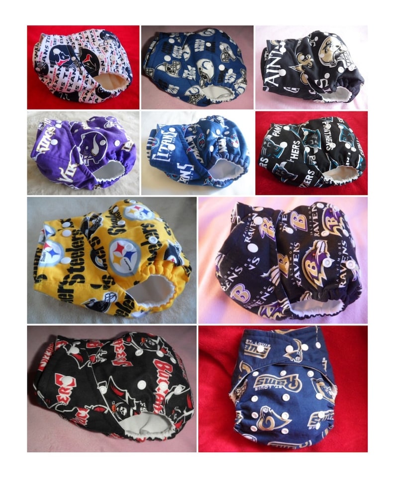 Choose your custom team and style cloth diaper.OS pocket diaper or cover with rival team inner,two teams combo or add ruffles Made to order