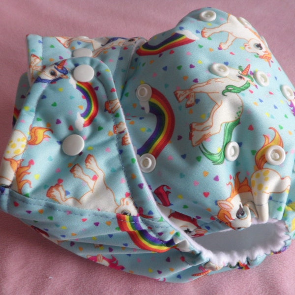 Cloth diaper SassyCloth one size pocket diaper with rainbow unicorns PUL print. Ready to ship.