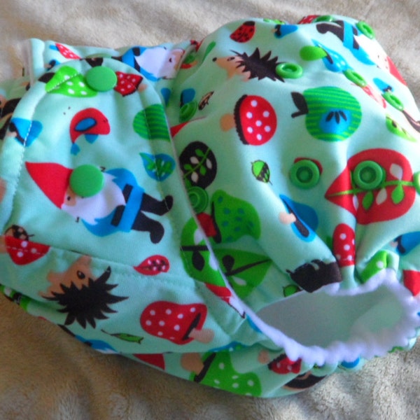 SassyCloth one size pocket diaper with woodland gnomes PUL print. Made to order.