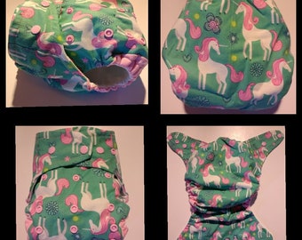 Cloth diaper SassyCloth one size pocket diaper with unicorns cotton print. Made to order.