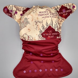 Cloth diaper SassyCloth one size pocket diaper with wizard school map cotton print. Made to order. image 1