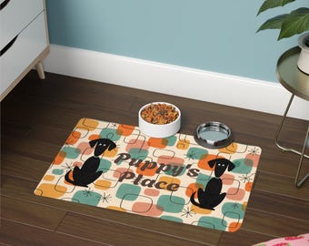 Personalized Pet Food Mat, Custom Dog & Cat Feeding Mat, Mid Century Modern Pet Placemat, Retro Geometric Pet Bowl Mat, Pet Lover Gift