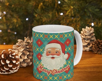 Retro Santa Christmas Mug, Vintage Merry Christmas Cup, Holiday Gift Mug, Cute Santa Coffee Cup, Christmas Kitchen Decor