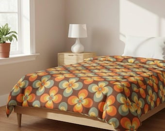 Mid Century Retro Comforter, 70s Floral Bedding Decor, Vintage Geometric Bedroom Style, Colorful Modern Home Design