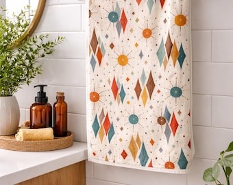 Mid Century Modern Hand Towel, Retro Geometric Bathroom Towel, Boho Atomic Pattern Hand Towel, Vintage Christmas Bathroom Decor