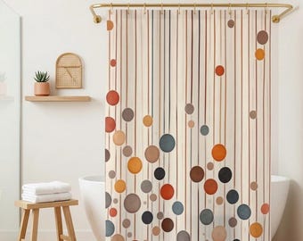 Mid Century Modern Shower Curtain, Retro Abstract Circle Pattern, Vertical Line Design Bathroom Decor, Neutral Boho Bathroom Curtain