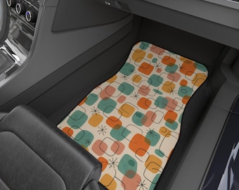 Retro automatten set van 4, autovloermatten uit het midden van de eeuw, kleurrijk vintage auto-interieur, antislip voertuigmattenset, stijl auto-accessoires