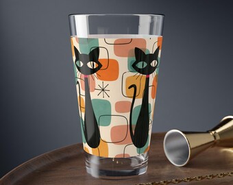 Halverwege de eeuw modern kattenpintglas, retro geometrisch bierglas, schattige zwarte kat drinkgerei, glazen beker vintage stijl, cadeau voor kattenliefhebbers