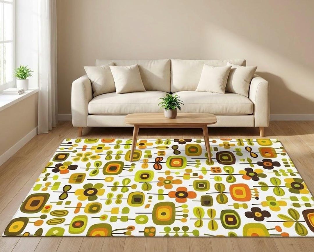 Retro Floral Area Rug, Mid Century Living Room Decor, Vintage 70s ...