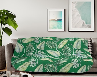 Tropical Monstera Leaves Sherpa Blanket | Green Leaf Throw