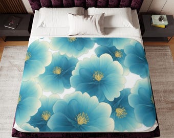 Teal Floral Pattern Sherpa Blanket | Blue Flower Cozy Throw, Autumn Design, Autumn Theme, Flower Design, Bedding Decor