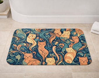 Katzenmuster Badematte, Wunderliche Jugendstil Katze Badezimmer Dekor, Boho rutschfester Badezimmer Teppich, künstlerischer Katzenliebhaber Haus Geschenk