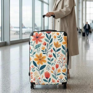 Puede incluir: Una maleta con ruedas con un estampado floral. El diseño presenta flores naranjas, amarillas y rojas con hojas verdes y azules sobre un fondo crema. La maleta tiene un marco y un asa negros.