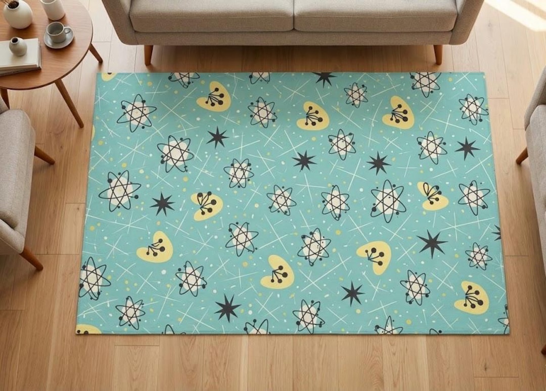 Atomic Fallout Rug Retro Atomic Area Rug, Mid-century Modern Teal Floor Decor, Aqua Yellow ...
