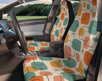 Retro Car Seat Covers Set, Mid Century Auto Seat Covers, Colorful Vintage Car Interior Decor, Retro Vehicle Accessories
