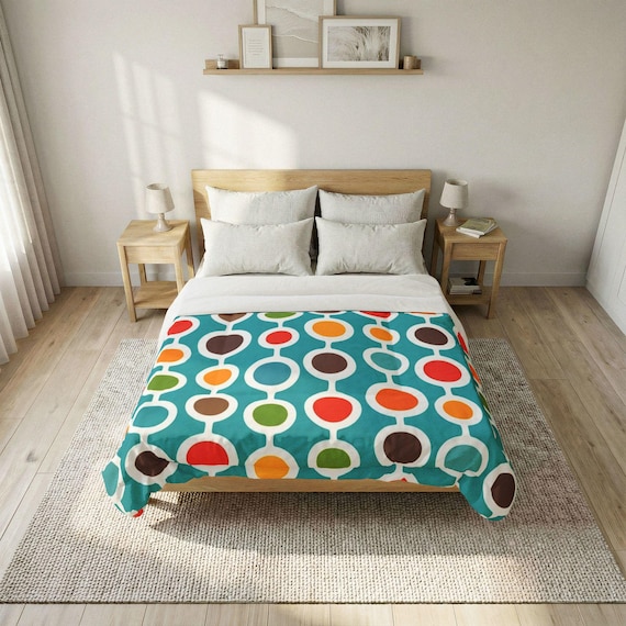 Mid Century moderne Baumwolltröster, Retro Teal Geometrische Bettwäsche, Bunte Kreis Muster Bettdecke, 70er Jahre Eklektisches Schlafzimmer Dekor