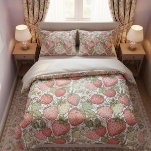Strawberry & Raspberries Comforter, Cozy Bedroom Decor, Spring Home Decor, Gift for Nature Lovers, Floral Bedding Set, Unique Comforter